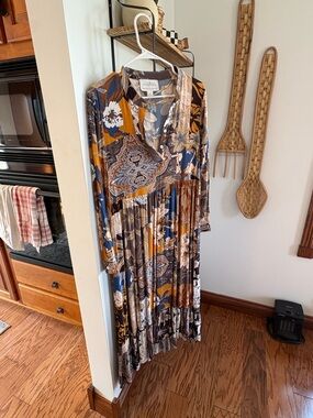 Anthropologie Maeve Long-Sleeve Patchwork Midi Dress in Blue and Mustard